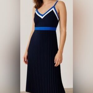 Banana Republic Navy and White Pleated Midi Dress